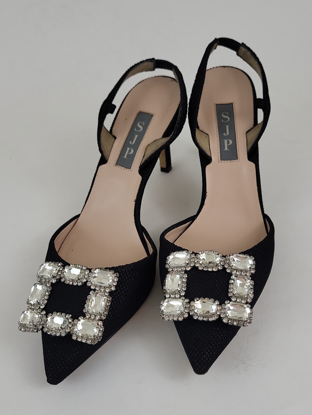 SJP by Sarah Jessica Parker Black Slingback Heels Rhinestone Buckle EU 36 *flaws